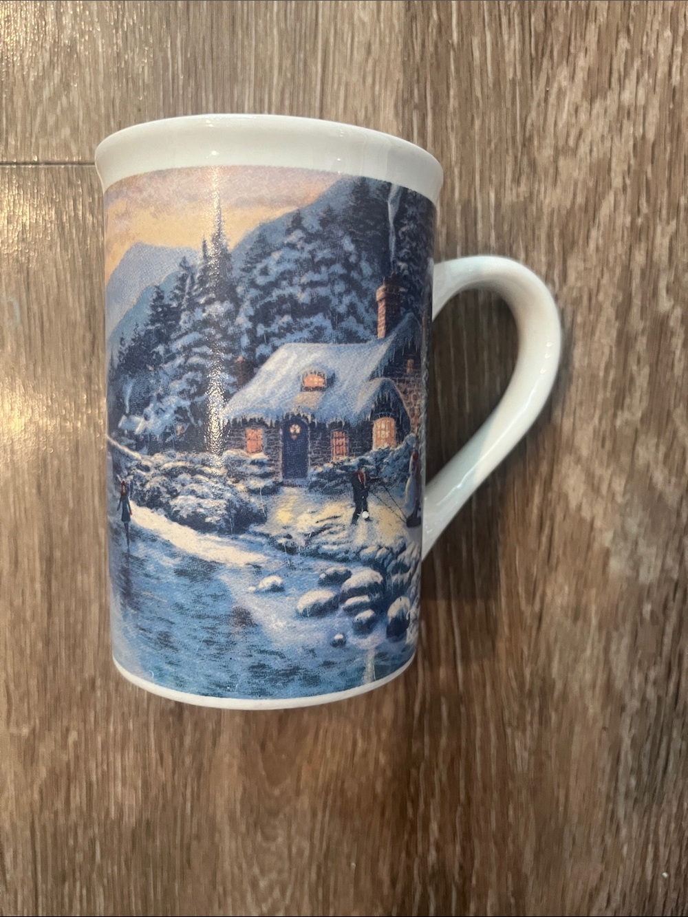 Thomas Kinkade “Winter Evening Dusk” Cottage Blue Ceramic Mug